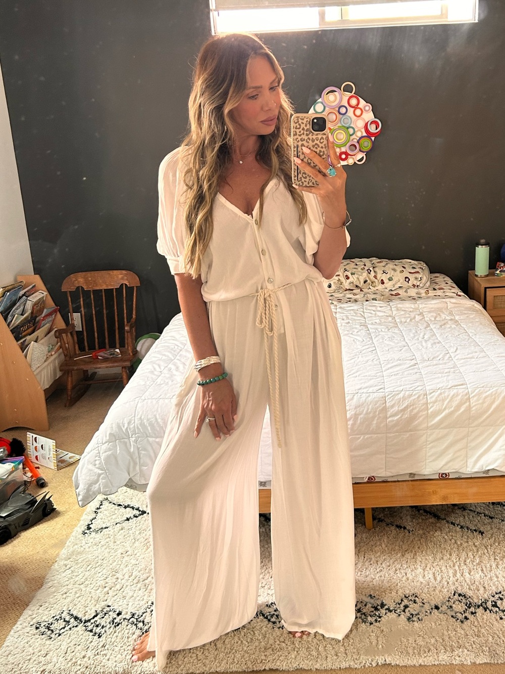 Jen's Pirate Booty Dancehall Deep V-Neck White Beach Vaca Boho Jumpsuit Large